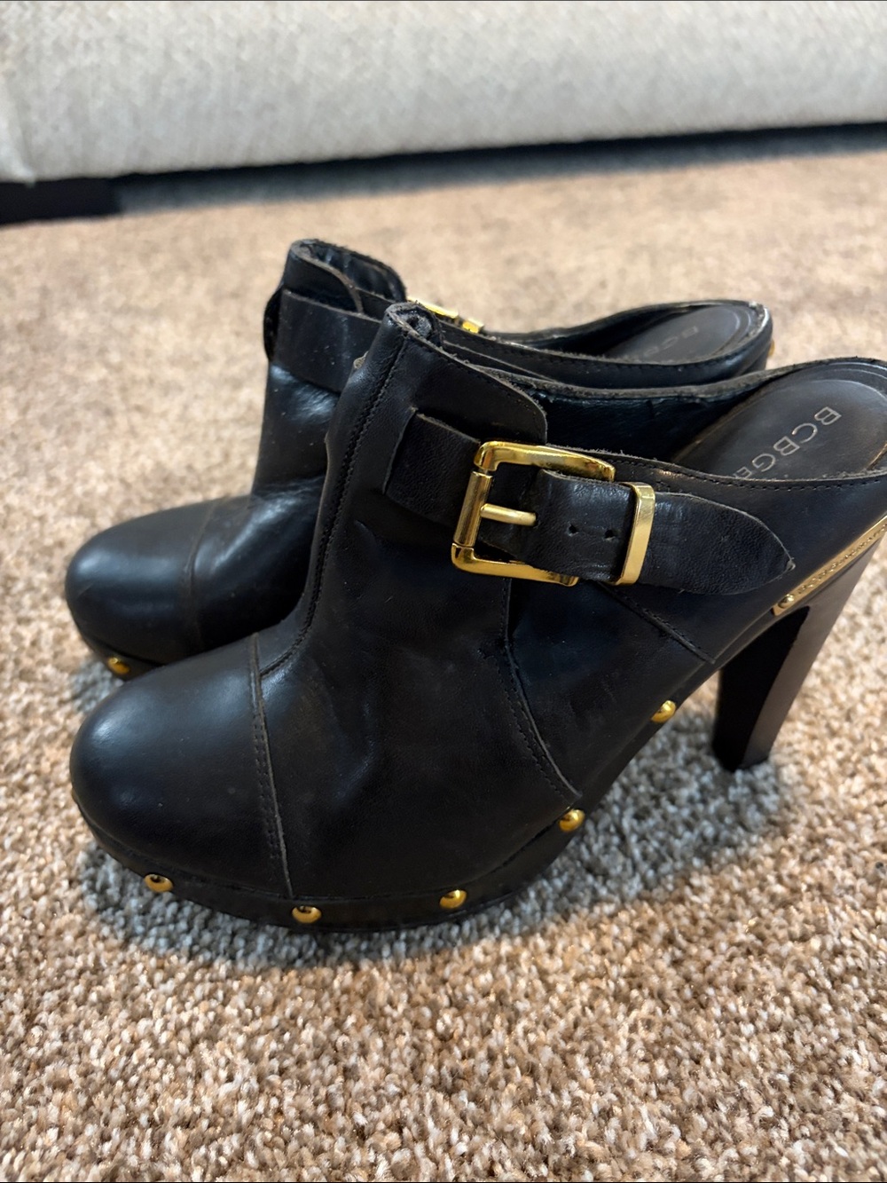 BCBGeneration Black Leather Studded Buckle High-Heel Clogs